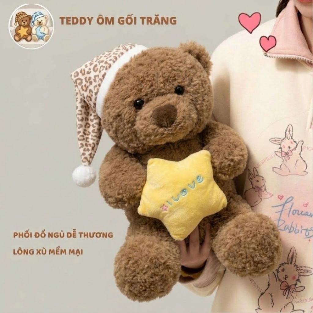 Gấu bông teddy mặc đồ ngủ ôm gối trăng, Gấu bông ôm ngủ teddy chất liệu lông cừu thân thiện làm quà tặng cho bé, bạn gái