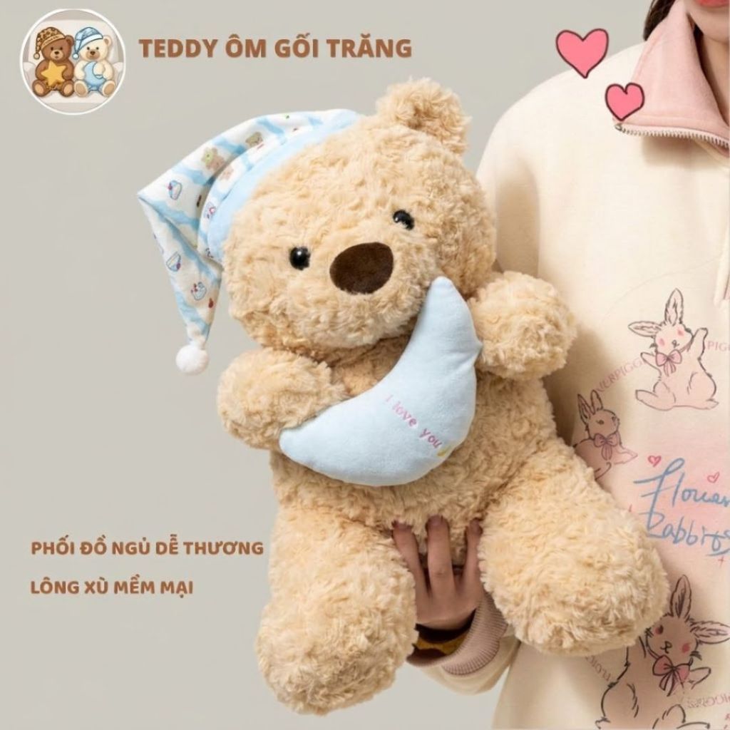Gấu bông teddy mặc đồ ngủ ôm gối trăng, Gấu bông ôm ngủ teddy chất liệu lông cừu thân thiện làm quà tặng cho bé, bạn gái