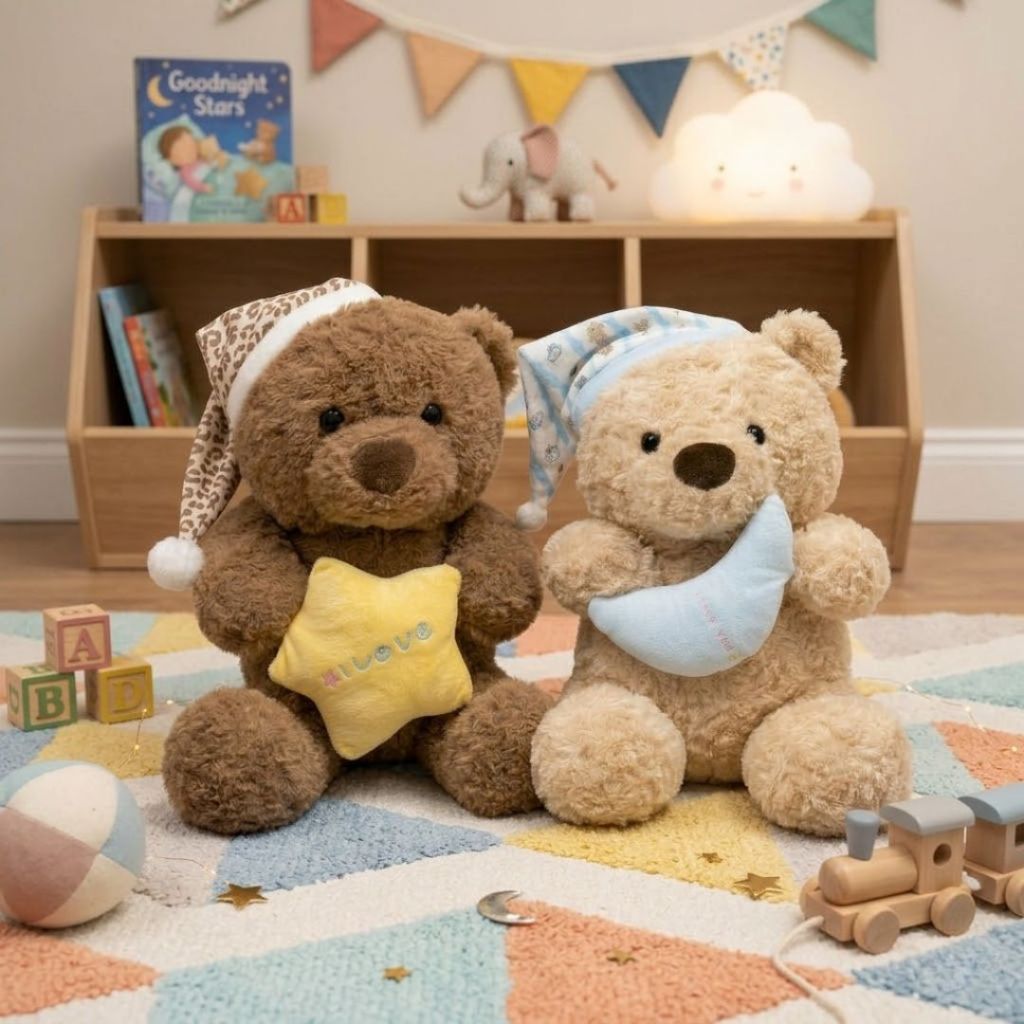 Gấu bông teddy mặc đồ ngủ ôm gối trăng, Gấu bông ôm ngủ teddy chất liệu lông cừu thân thiện làm quà tặng cho bé, bạn gái