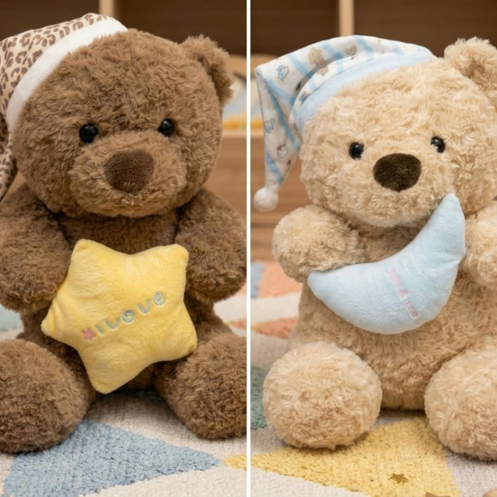 Gấu bông teddy mặc đồ ngủ ôm gối trăng, Gấu bông ôm ngủ teddy chất liệu lông cừu thân thiện làm quà tặng cho bé, bạn gái
