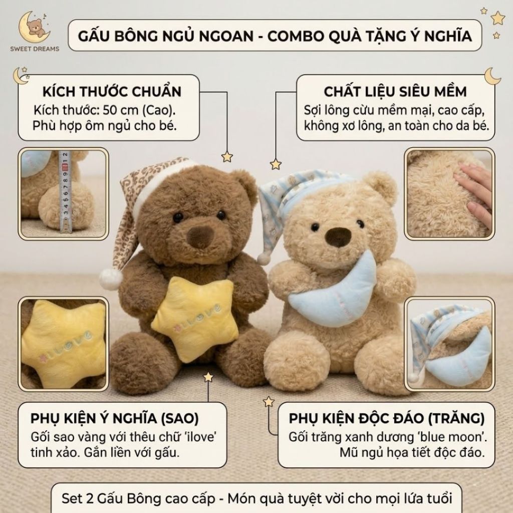 Gấu bông teddy mặc đồ ngủ ôm gối trăng, Gấu bông ôm ngủ teddy chất liệu lông cừu thân thiện làm quà tặng cho bé, bạn gái