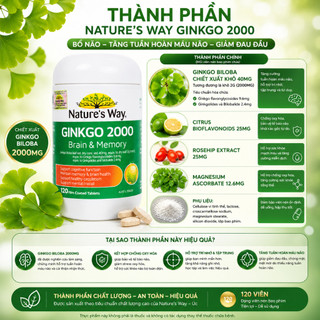 Viên uống tăng cường trí nhớ Nature's Way Ginkgo 2000mg giảm trí nhớ, rối loạn tiền đình, alzhmeimer