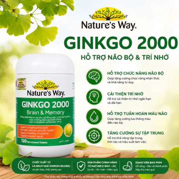 Viên uống tăng cường trí nhớ Nature's Way Ginkgo 2000mg giảm trí nhớ, rối loạn tiền đình, alzhmeimer