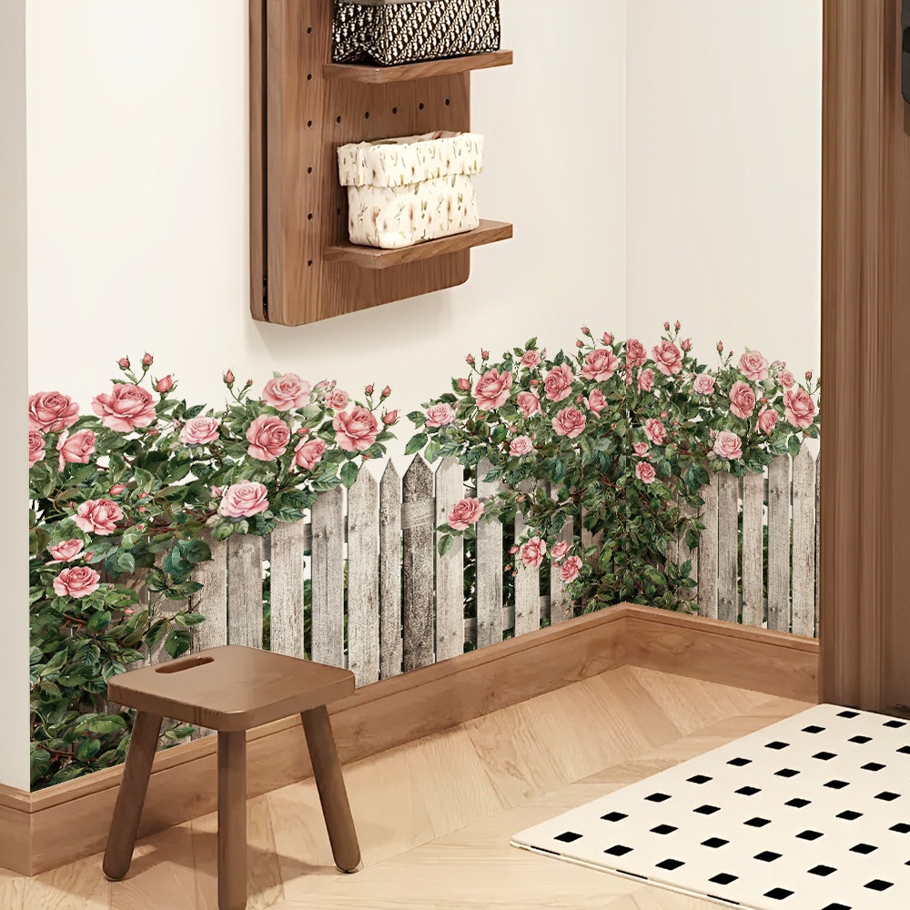 Decal Dán Chân Tường Hàng Rào Hoa Hồng Có Keo Sẵn 71x43cm - Trang Trí Nhà Chống Bẩn Chân Tường