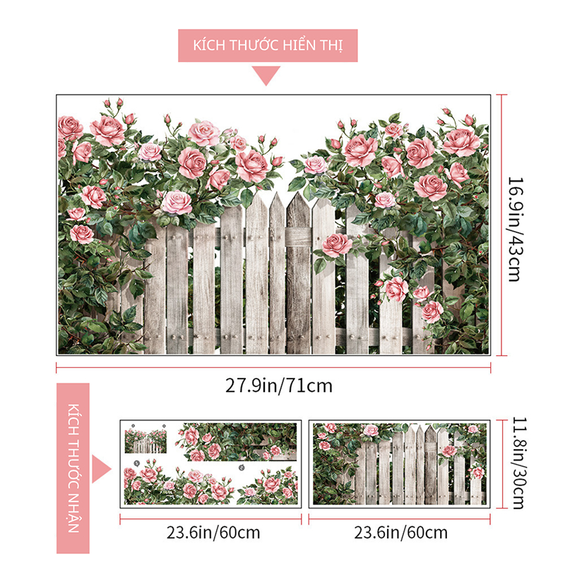 Decal Dán Chân Tường Hàng Rào Hoa Hồng Có Keo Sẵn 71x43cm - Trang Trí Nhà Chống Bẩn Chân Tường