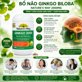 Viên uống tăng cường trí nhớ Nature's Way Ginkgo 2000mg giảm trí nhớ, rối loạn tiền đình, alzhmeimer