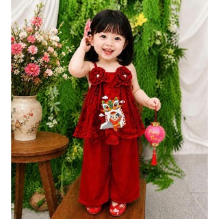 Áo Yếm Bé Gái Họa Tiết In Hình Lân Trung Thu, Áo 2 Dây Cho Bé Gái Mặc Tết Chất Áo Gấm Quần Lụa Mềm Mịn BB08 - BEEKIDS