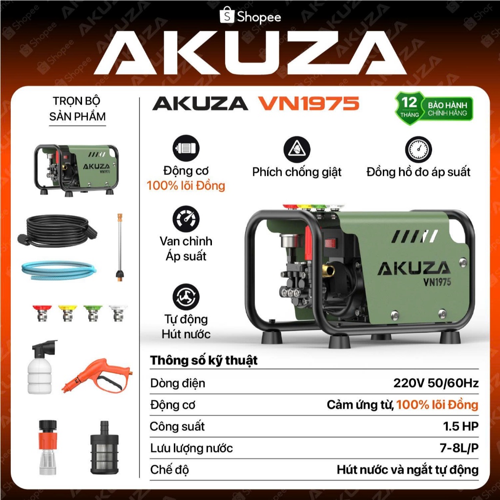 AKUZA VN1975 Máy rửa xe 100% CHUẨN LÕI ĐỒNG , động cơ cảm ứng từ , công suất 1.5HP, lưu lượng 8L/P