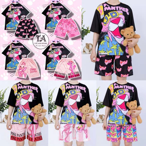 Set Bộ Đùi Báo Hồng full Đen Pink Panther cotton quần áo hoạt hình hoạ tiết Bộ mặc nhà Cartoon form rộng Unisex Freesize