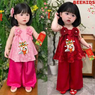Áo Yếm Bé Gái Họa Tiết In Hình Lân Trung Thu, Áo 2 Dây Cho Bé Gái Mặc Tết Chất Áo Gấm Quần Lụa Mềm Mịn BB08 - BEEKIDS