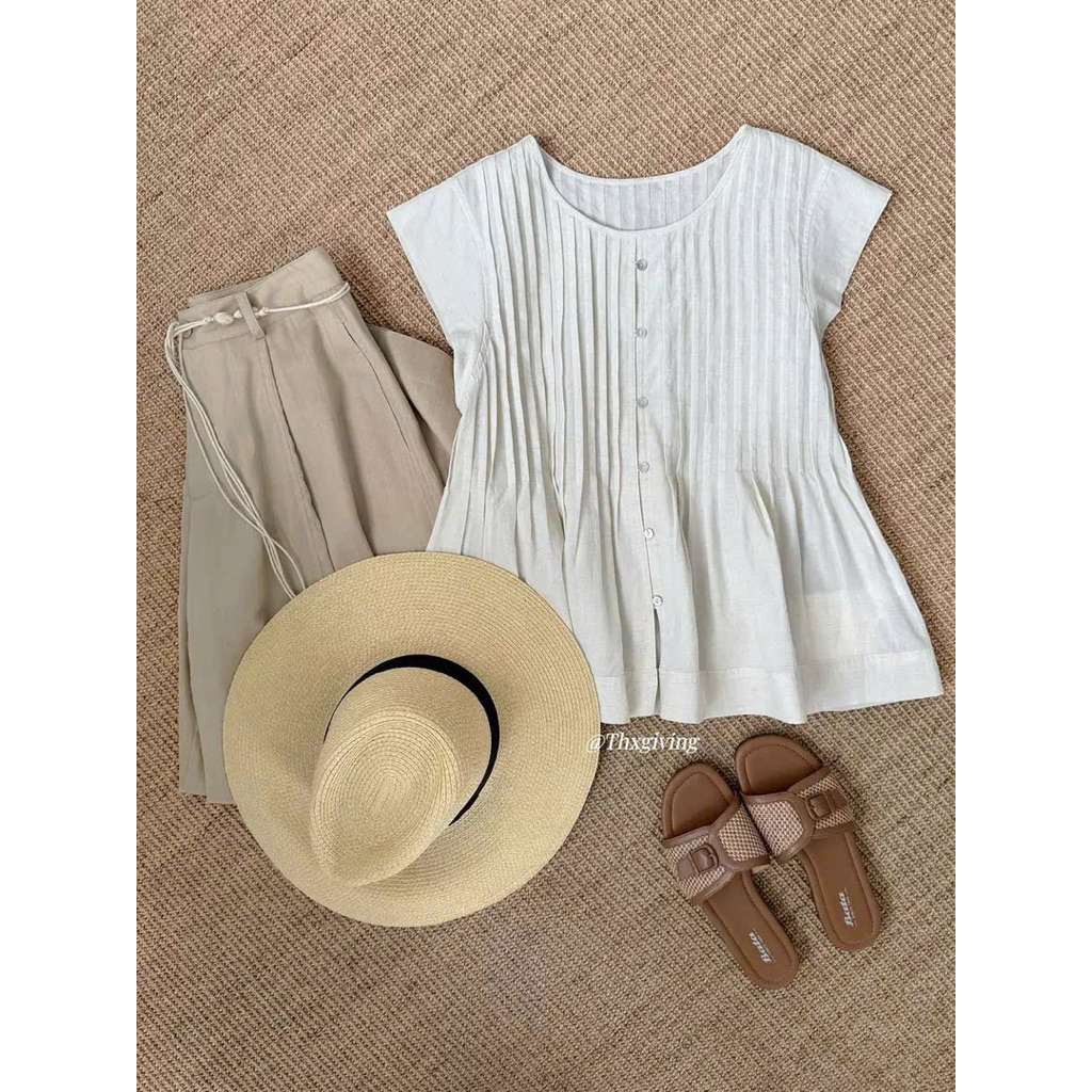 Áo linen cộc tay xếp li Onni st