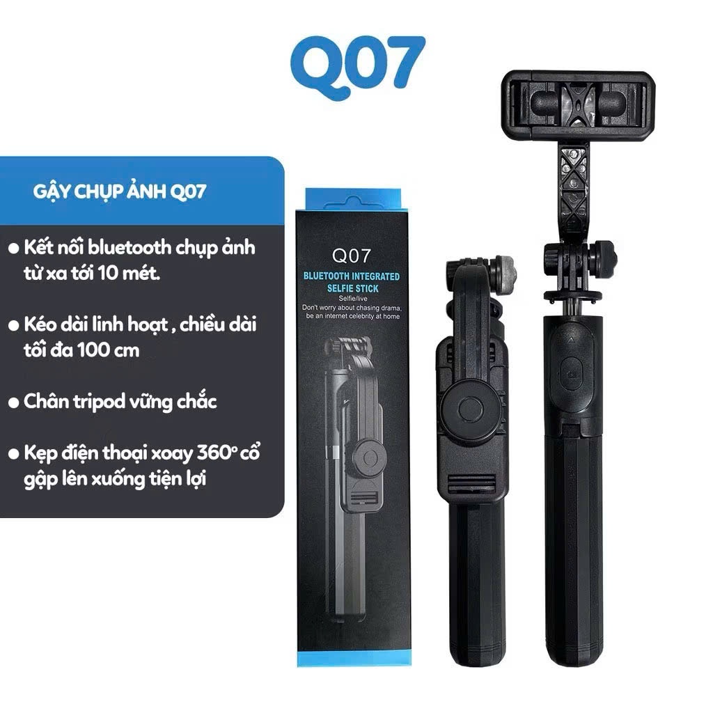 Gậy Chụp Ảnh cao đến 1m làm giá đỡ 3 Chân xoay 360° Q07 Kèm Remote Bluetooth Siêu Tiện Lợi