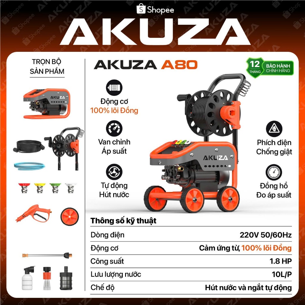 AKUZA A80 Máy rửa xe 100% CHUẨN LÕI ĐỒNG , động cơ cảm ứng từ , cồng suất 1.8HP, lưu lượng 10L/P