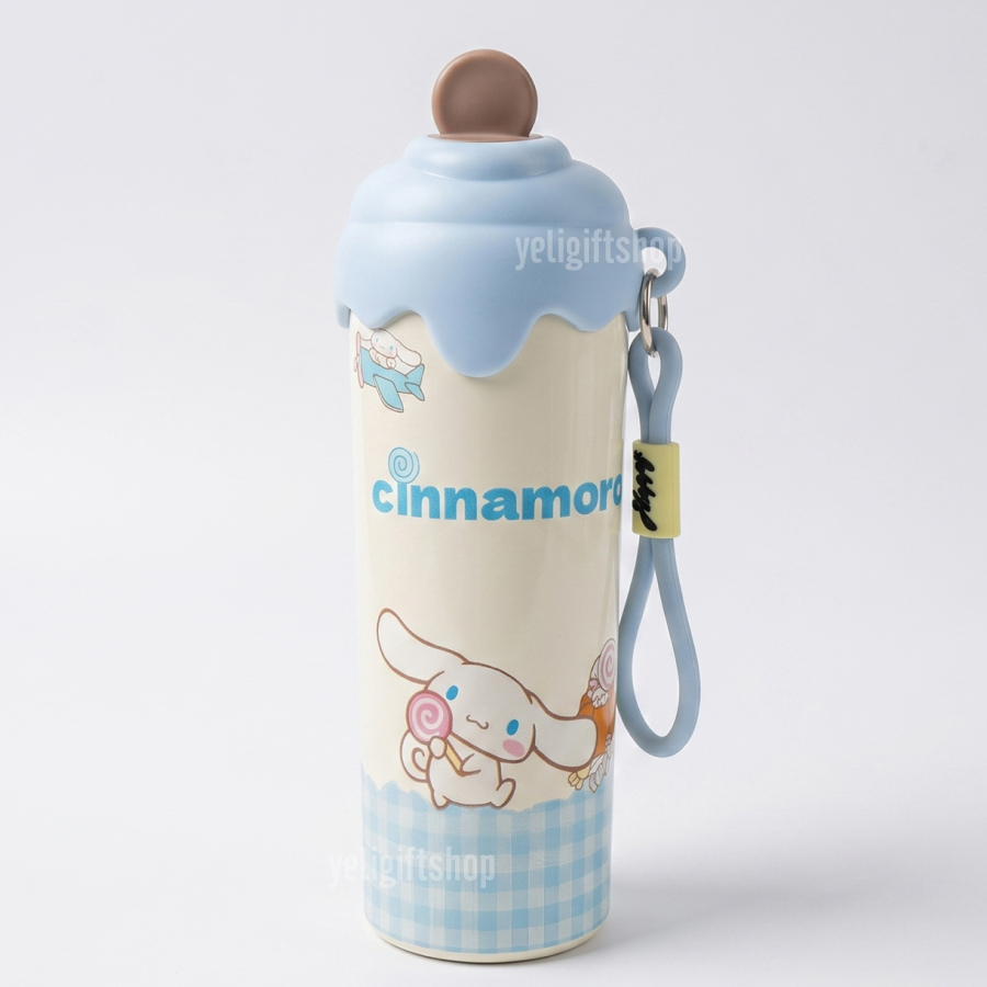 Bình Giữ Nhiệt ống hút 600ml in hình Cinnamoroll tone xanh mát, dễ Thương, bình nước nóng lạnh inox