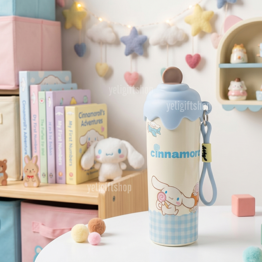 Bình Giữ Nhiệt ống hút 600ml in hình Cinnamoroll tone xanh mát, dễ Thương, bình nước nóng lạnh inox