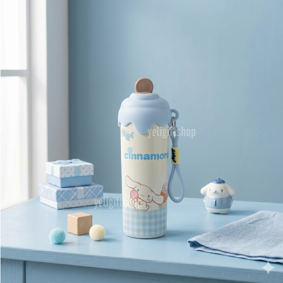 Bình Giữ Nhiệt ống hút 600ml in hình Cinnamoroll tone xanh mát, dễ Thương, bình nước nóng lạnh inox