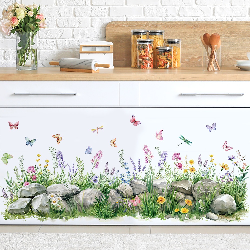Decal Dán Chân Tường Hoa Bướm Sắc Màu Có Keo Sẵn 125x54cm - Trang Trí Nhà Chống Bẩn Chân Tường