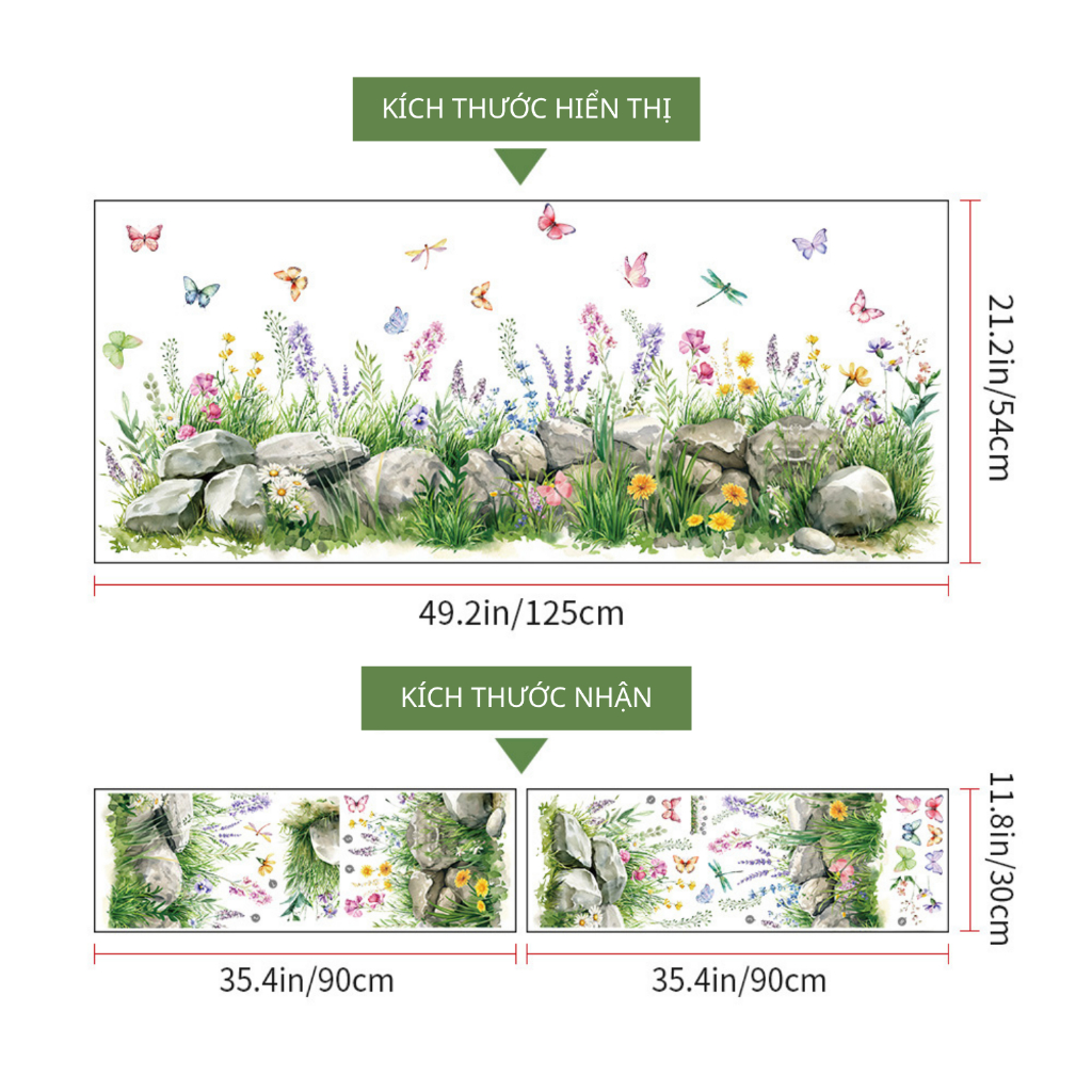 Decal Dán Chân Tường Hoa Bướm Sắc Màu Có Keo Sẵn 125x54cm - Trang Trí Nhà Chống Bẩn Chân Tường