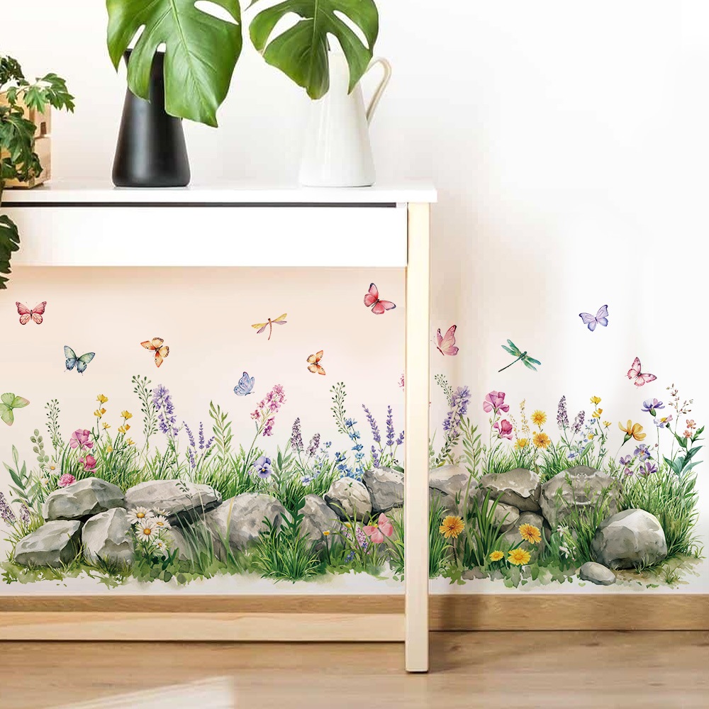 Decal Dán Chân Tường Hoa Bướm Sắc Màu Có Keo Sẵn 125x54cm - Trang Trí Nhà Chống Bẩn Chân Tường