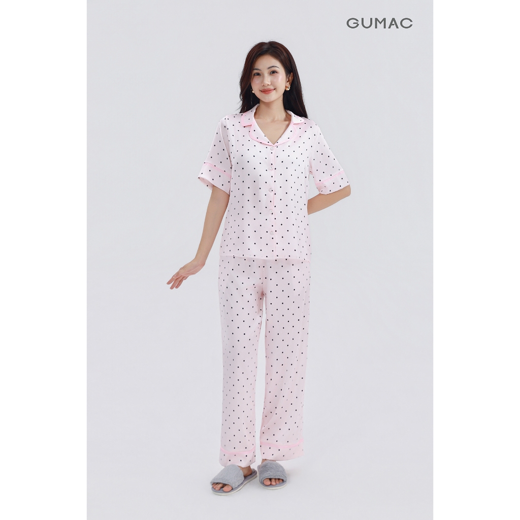Bộ ngủ nữ Pyjama mặc nhà cao cấp GUMAC quần dài chất liệu lụa vân gỗ mềm mịn thoáng mát
