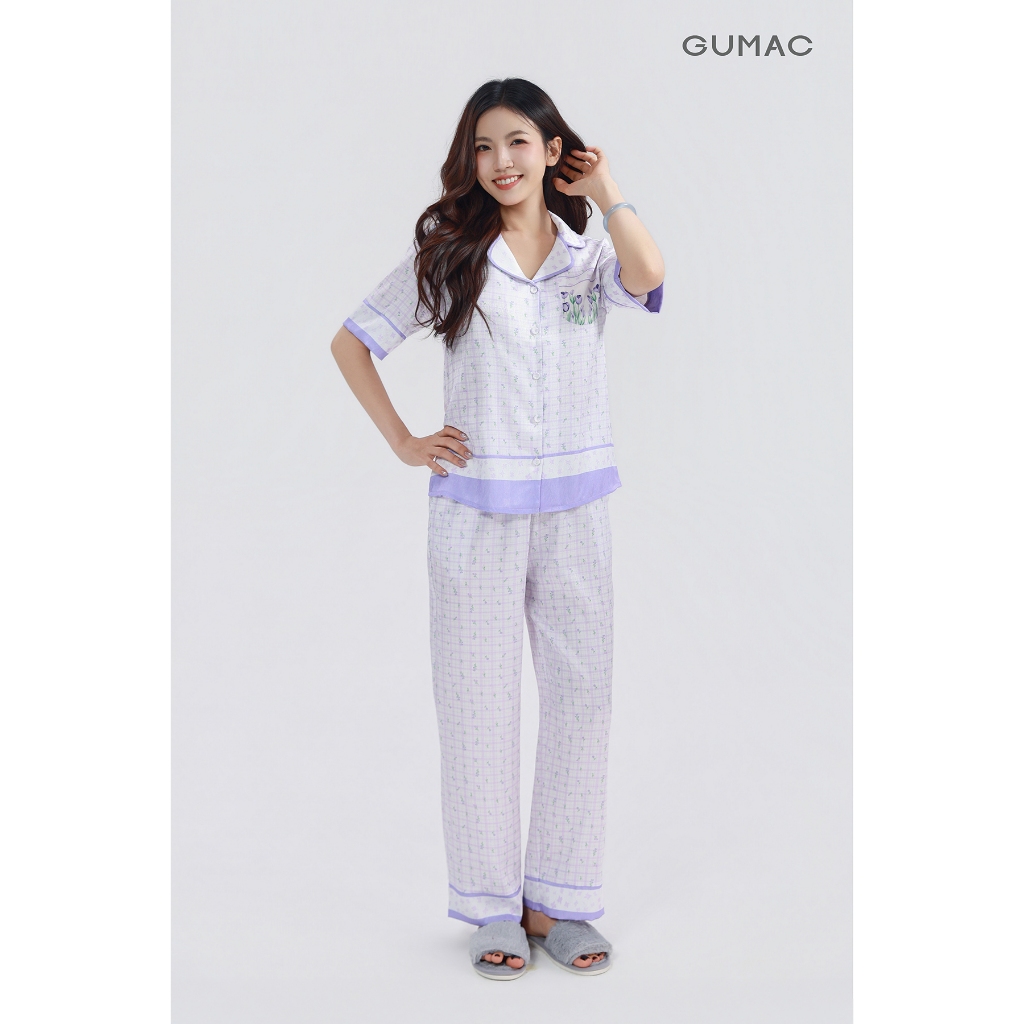 Bộ ngủ nữ Pyjama mặc nhà cao cấp GUMAC quần dài chất liệu lụa vân gỗ mềm mịn thoáng mát