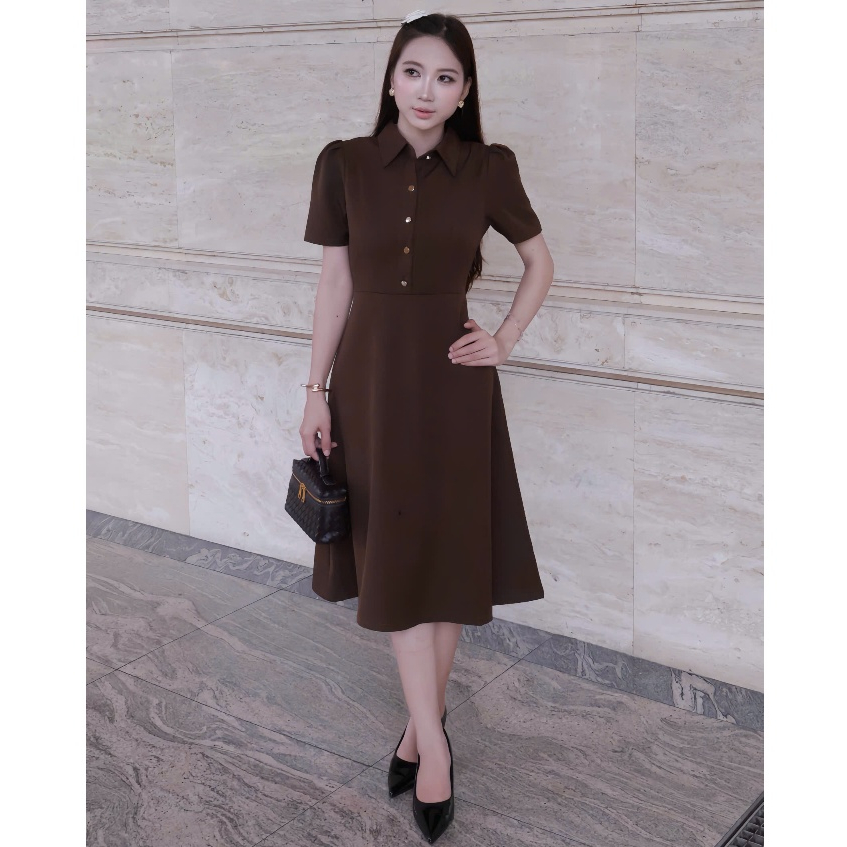 Jolly Studio - Đầm nữ dáng dài công sở đính cúc D016
