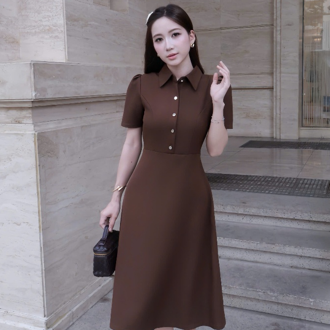 Jolly Studio - Đầm nữ dáng dài công sở đính cúc D016