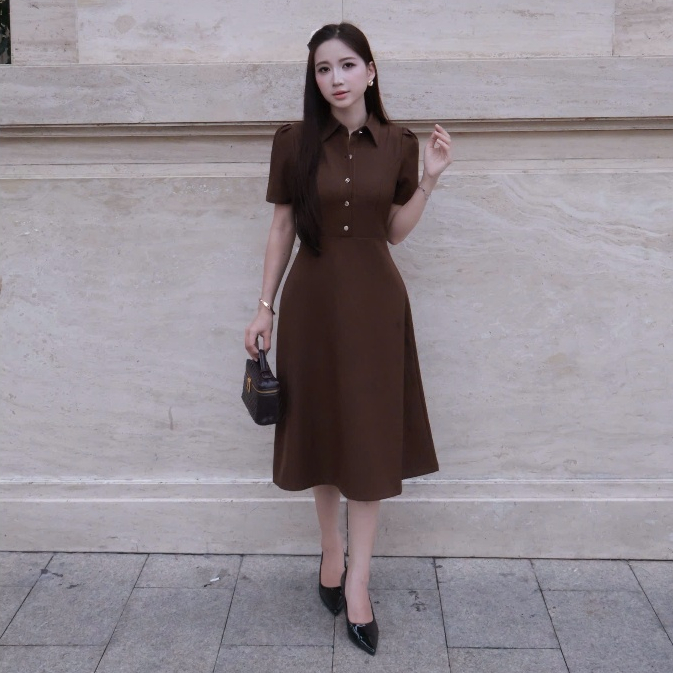 Jolly Studio - Đầm nữ dáng dài công sở đính cúc D016
