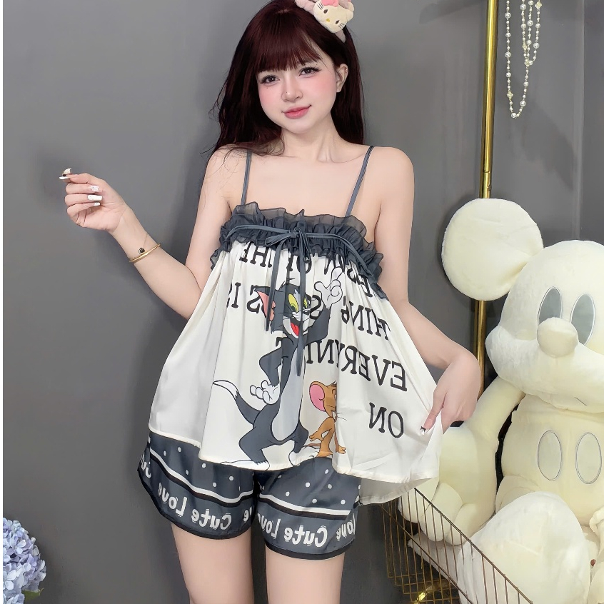 Đồ bộ ngủ dễ thương ,bộ tiểu thư ,đồ ngủ 2 dây đùi lụa Latin mềm mịn mát hoạ tiết dễ thương [120]