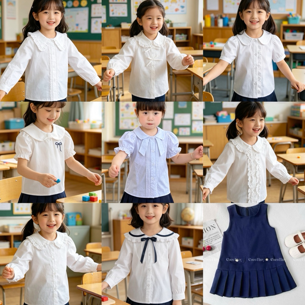 Áo sơ mi trắng bé gái 2–12Y (12–45kg) tay dài tay ngắn bèo và yếm sát nách J3011 SD1 SD3 SD4 SD5 S11 SD9 S01