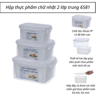 Bộ hộp thực phẩm chữ nhật 2 lớp, hộp bảo quản thực phẩm rau củ, trái cây đa năng nhựa Việt Nhật 6581