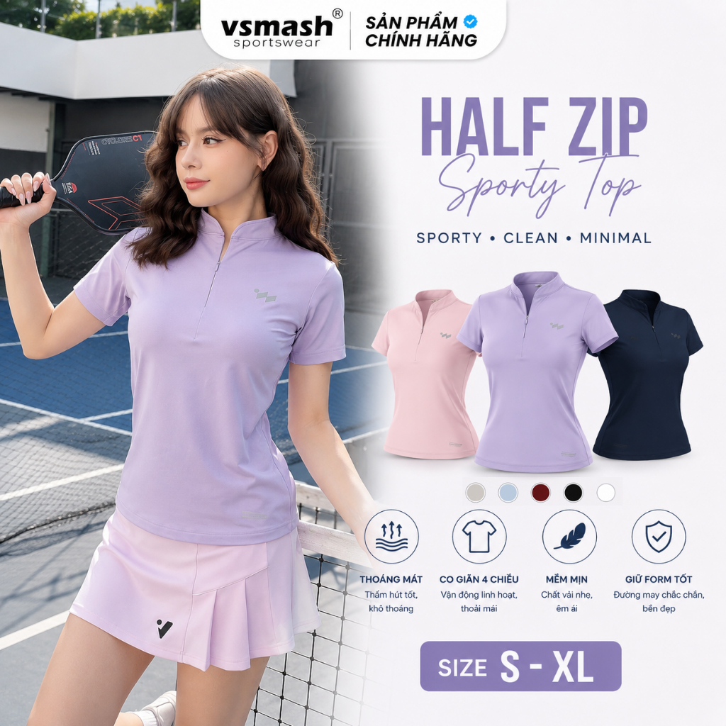 Áo Thun Thể Thao Nữ Vsmash Sportswear HALF ZIP  Cao Cấp – Co Giãn Nhẹ Mát Gym Chạy Bộ Cầu Lông Yoga Tennis Pickleball