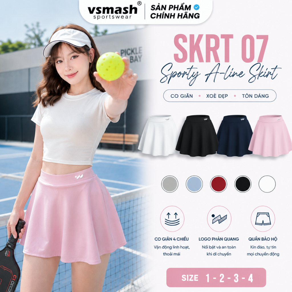 Váy Cầu Lông Vsmash Sportwear “SKRT 07 PURE ACE" Form xòe 2 Lớp Chất poly cao cấp, Mềm Mại, Co Giãn 4 chiều