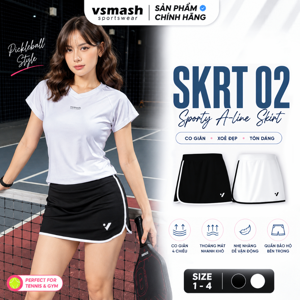 Váy Cầu Lông Vsmash Sportwear “SKRT 02” – Váy Thể Thao Form SlimFit-, Lót 2 Lớp, Umi 4 Chiều Cao Cấp, Mềm Mại, Co Giãn