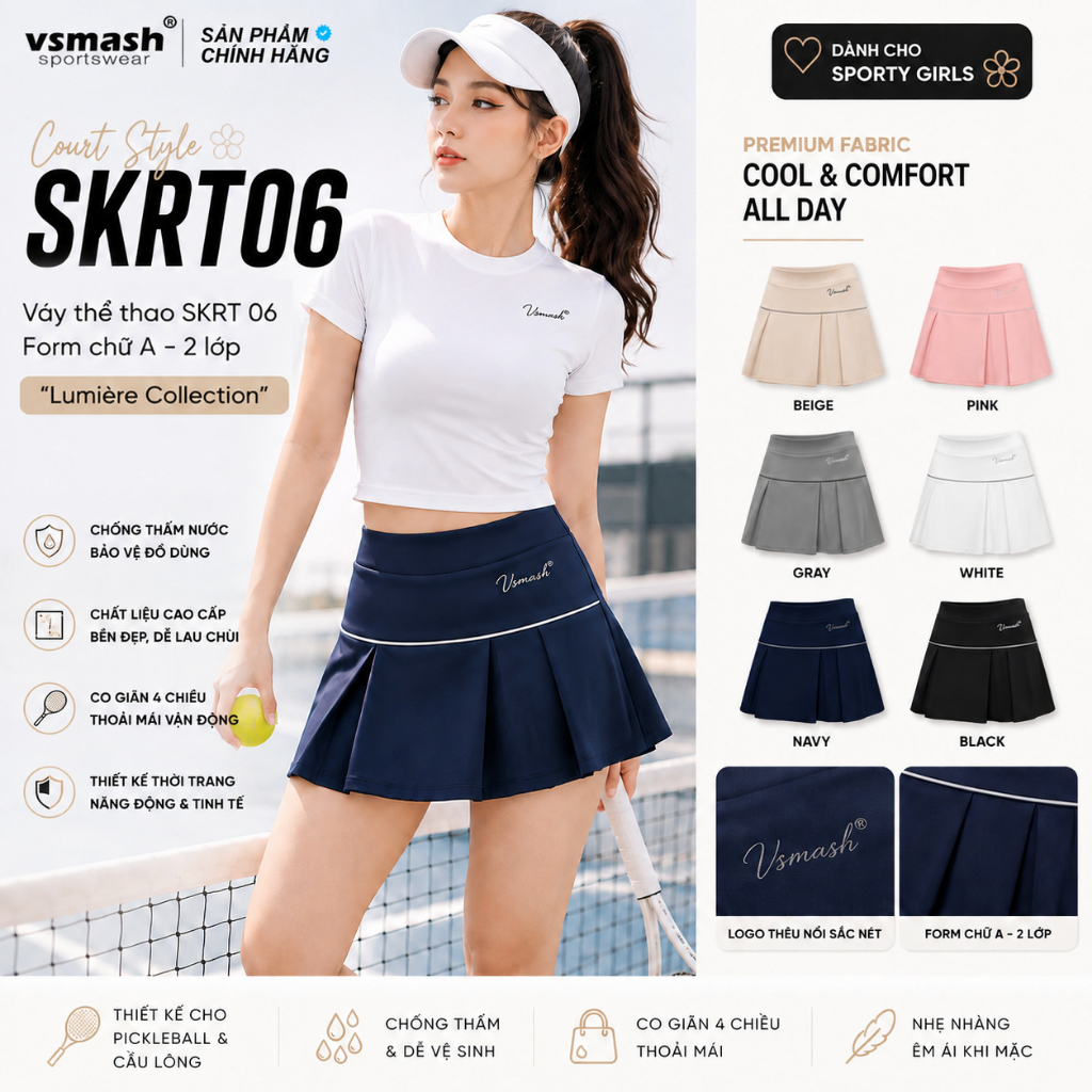 Váy Cầu Lông Vsmash Sportwear “SKRT 06-LUMIERE” Váy Thể Thao Form Chữ A 2 lớp, Poly 4 Chiều Cao Cấp, Mềm Mại, Co Giãn