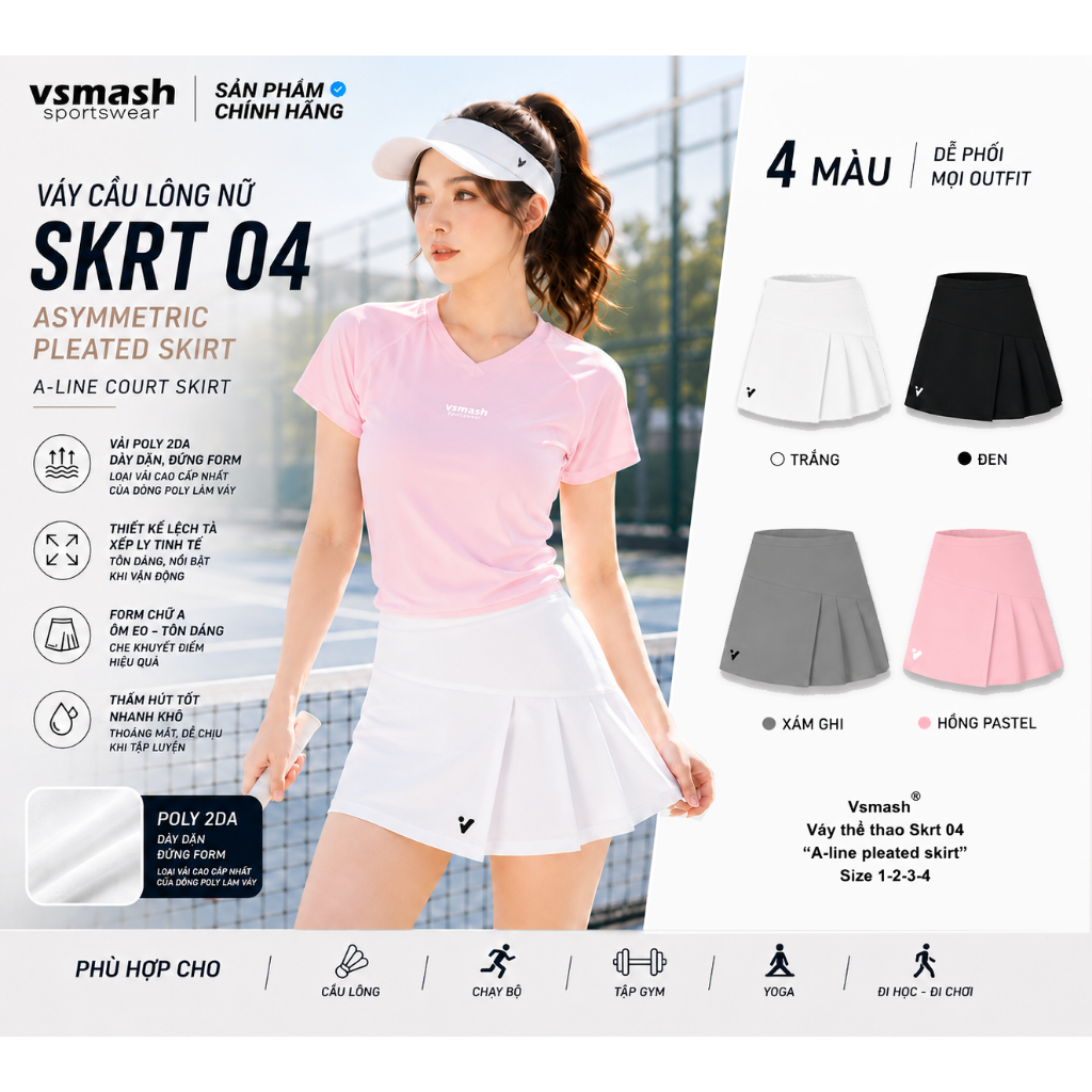 Váy Cầu Lông Vsmash Sportwear “SKRT 04” – Váy Thể Thao Ngắn Form Chữ A, Lót 2 Lớp, Umi 4 Chiều Cao Cấp, Mềm Mại, Co Giãn