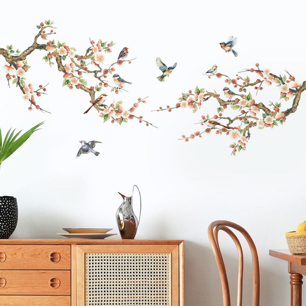 Decal Dán Tường Hoa Đào Chim Bay Có Keo Sẵn 150x68.2cm - Trang Trí Phòng Khách Và Phòng Ngủ