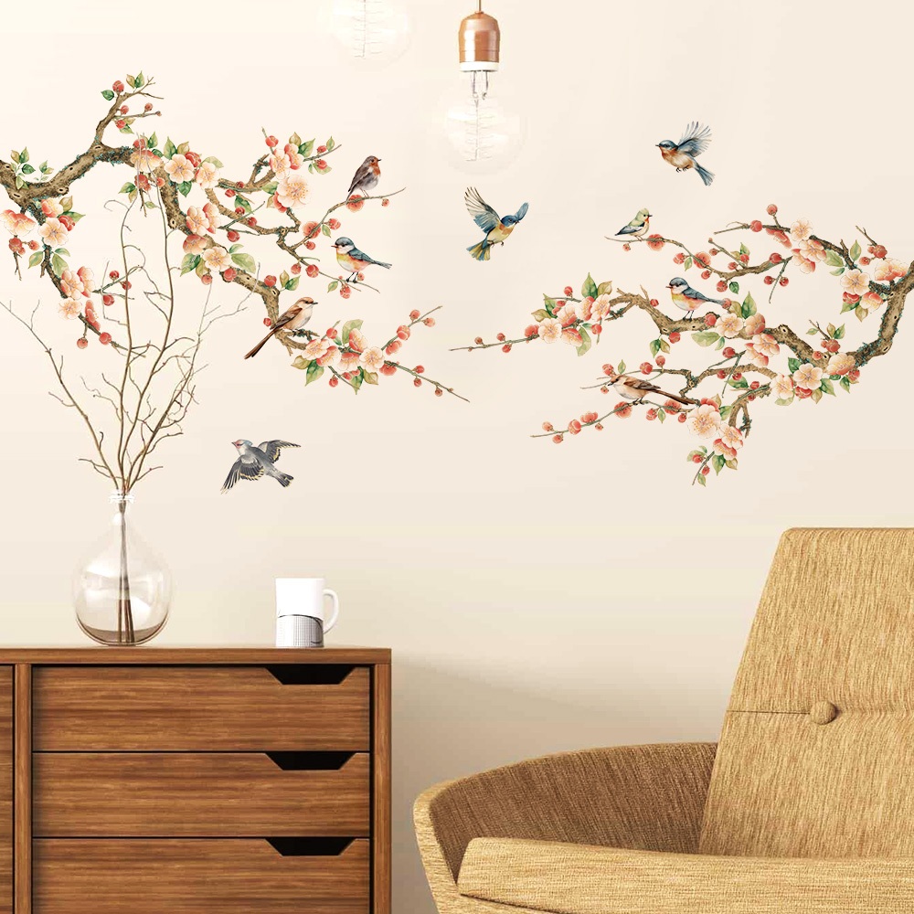 Decal Dán Tường Hoa Đào Chim Bay Có Keo Sẵn 150x68.2cm - Trang Trí Phòng Khách Và Phòng Ngủ