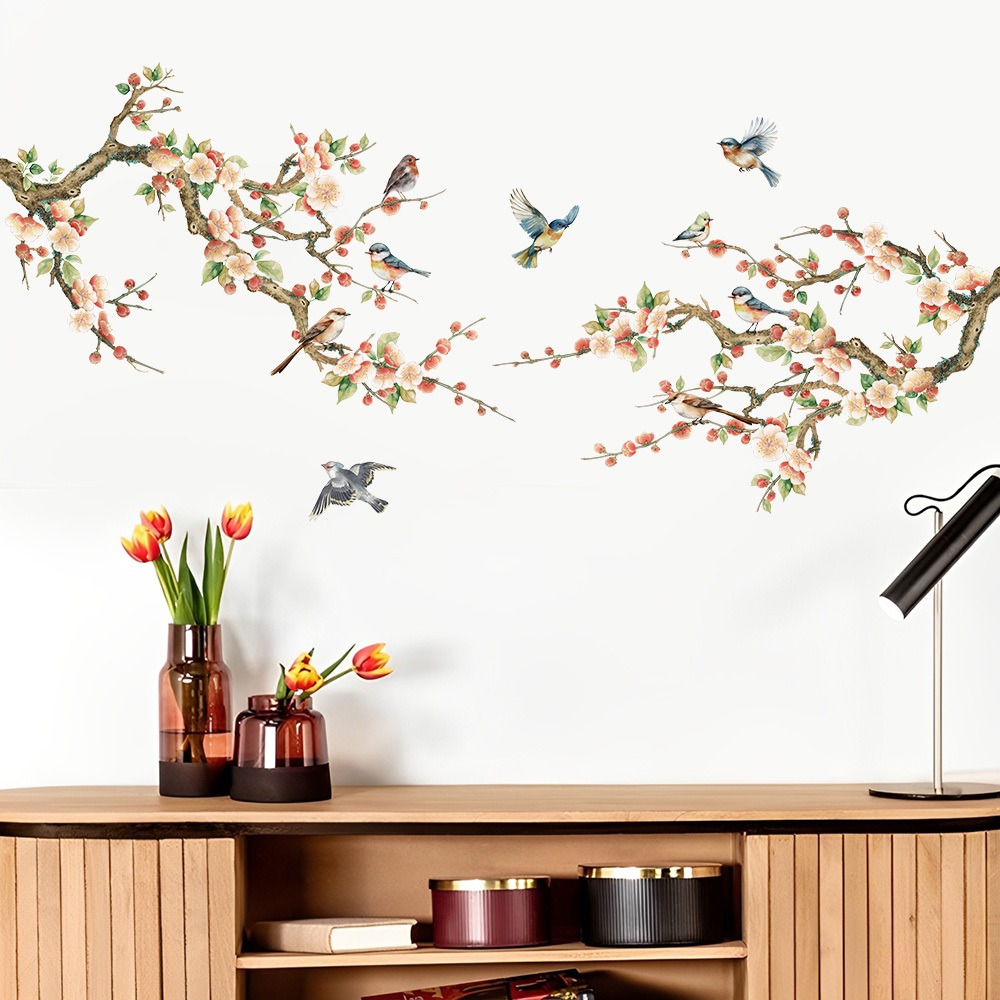 Decal Dán Tường Hoa Đào Chim Bay Có Keo Sẵn 150x68.2cm - Trang Trí Phòng Khách Và Phòng Ngủ