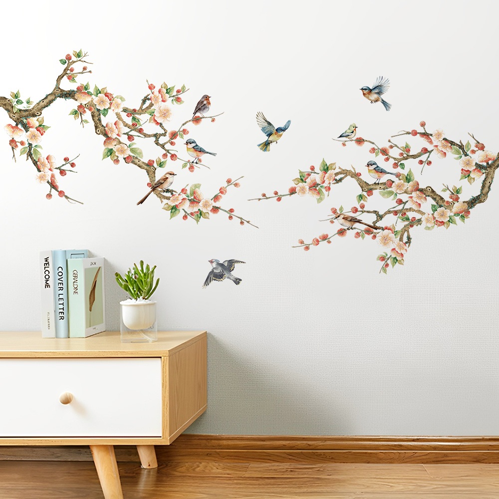 Decal Dán Tường Hoa Đào Chim Bay Có Keo Sẵn 150x68.2cm - Trang Trí Phòng Khách Và Phòng Ngủ