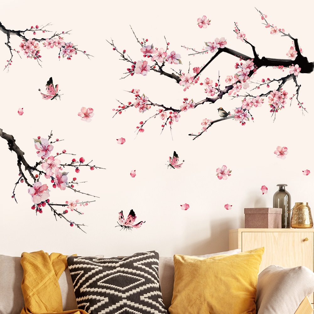 Decal Dán Tường Cành Hoa Đào Bướm Hồng Có Keo Sẵn 120x85cm - Trang Trí Phòng Khách Và Phòng Ngủ