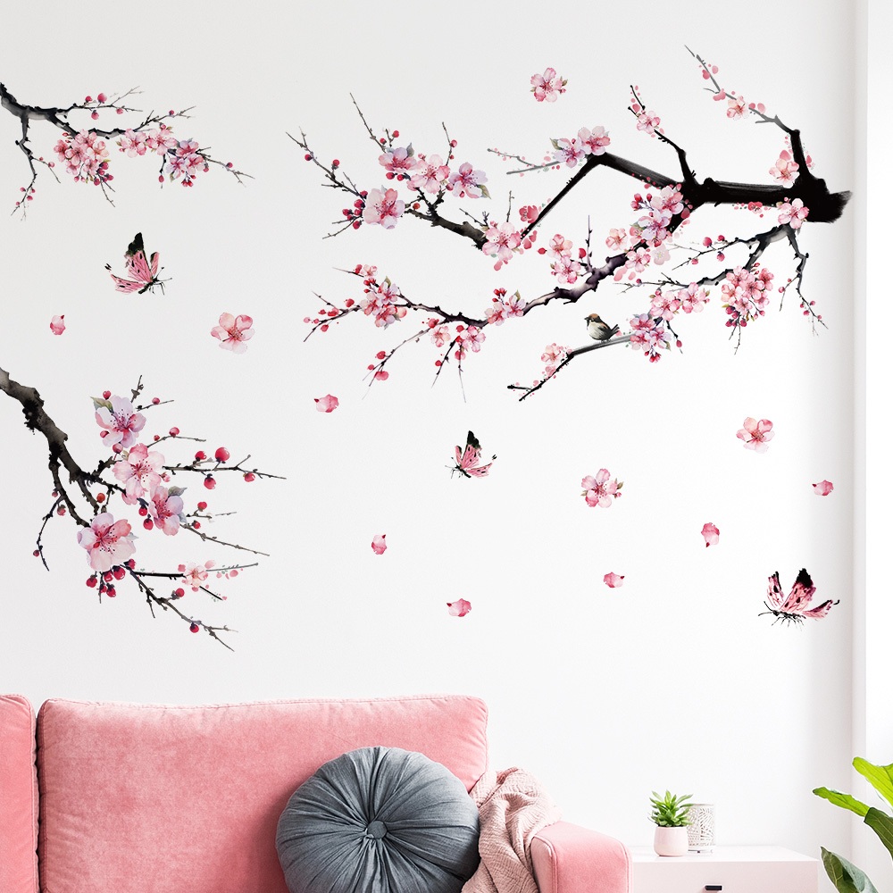 Decal Dán Tường Cành Hoa Đào Bướm Hồng Có Keo Sẵn 120x85cm - Trang Trí Phòng Khách Và Phòng Ngủ