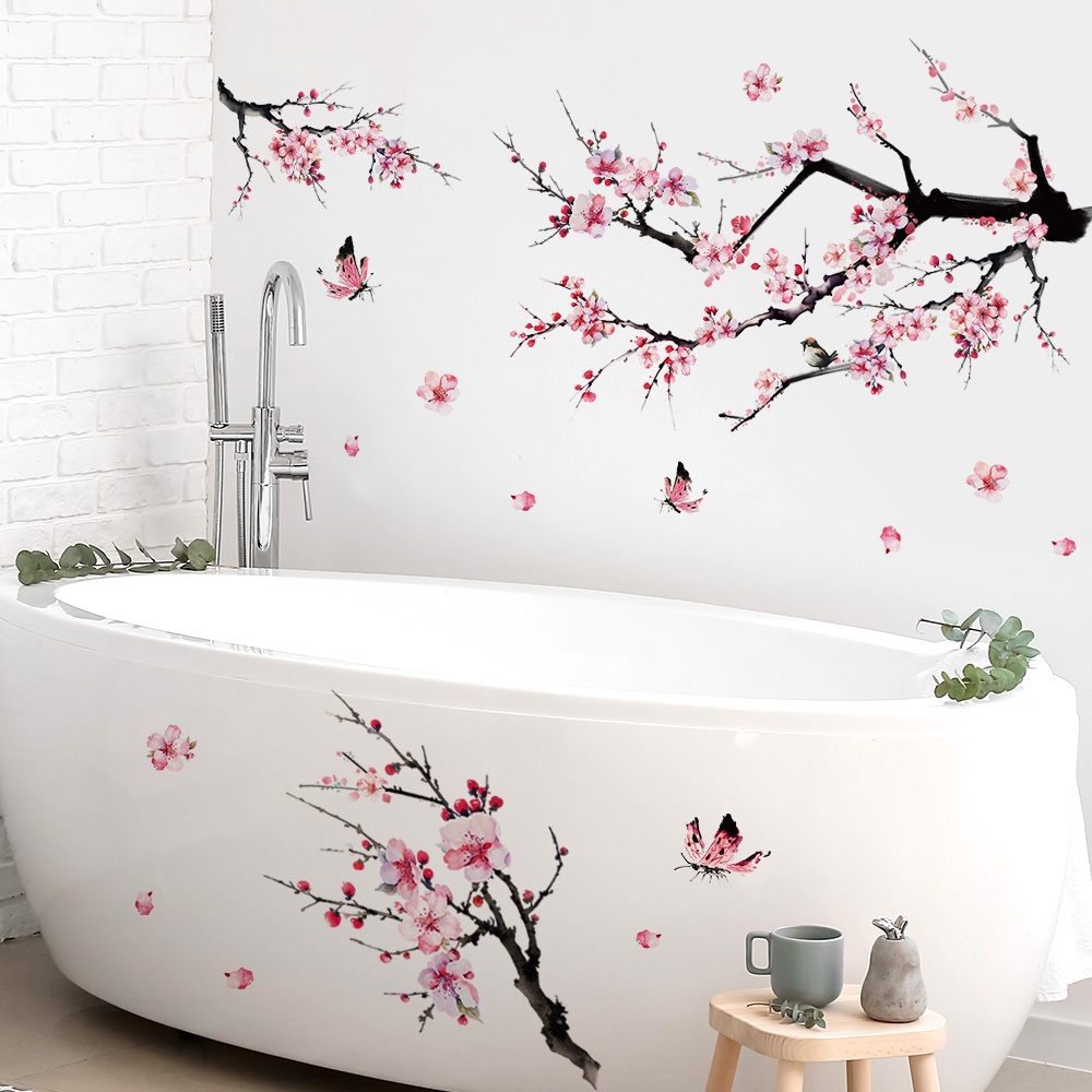 Decal Dán Tường Cành Hoa Đào Bướm Hồng Có Keo Sẵn 120x85cm - Trang Trí Phòng Khách Và Phòng Ngủ
