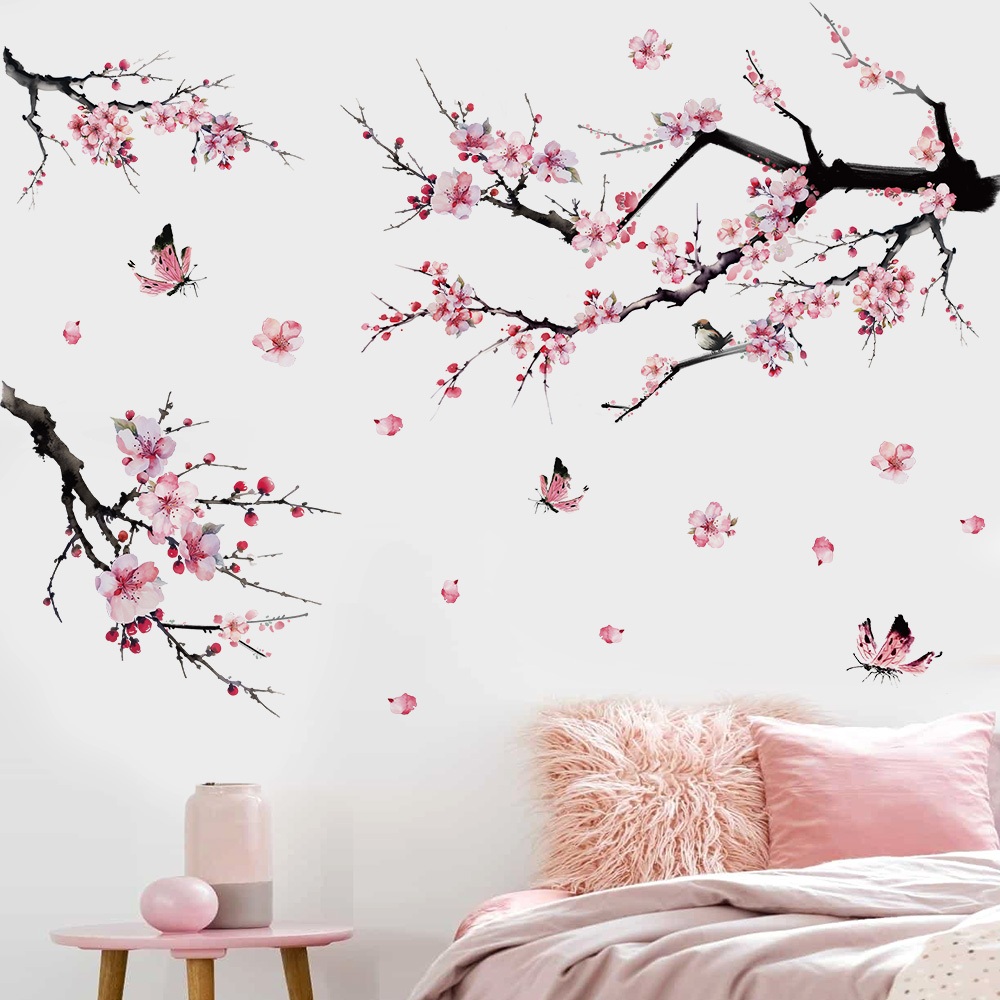 Decal Dán Tường Cành Hoa Đào Bướm Hồng Có Keo Sẵn 120x85cm - Trang Trí Phòng Khách Và Phòng Ngủ