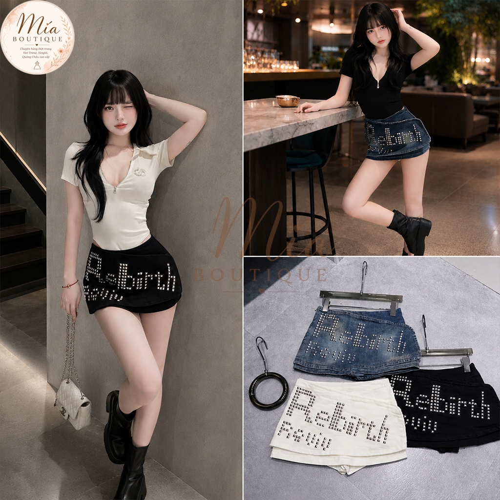 Chân váy ngắn jean denim bò chữ A ôm đính đá 3 màu Mía QCCC QCL1 CV0002 #7105