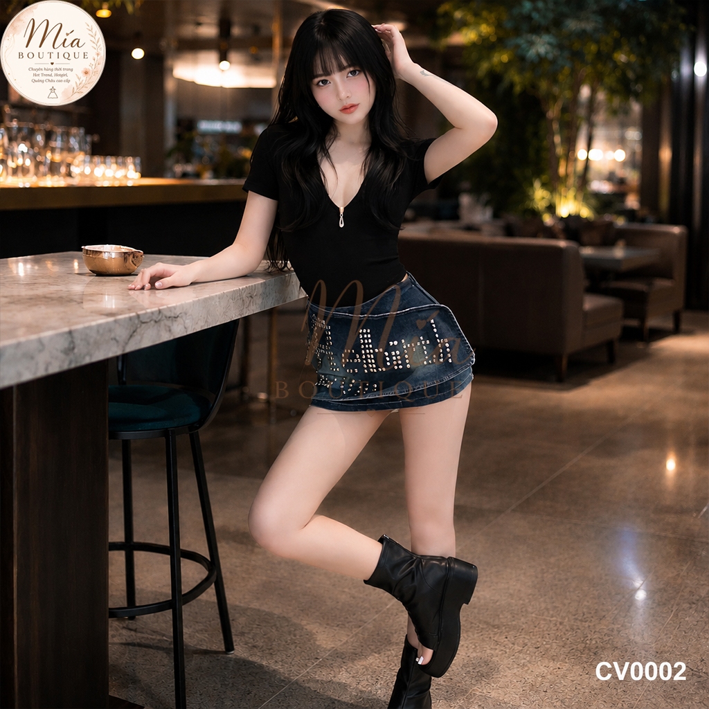 Chân váy ngắn jean denim bò chữ A ôm đính đá 3 màu Mía QCCC QCL1 CV0002 #7105