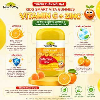 Kẹo dẻo cho bé Nature's Way kids smart Vita Gummies Vitamin C +ZinC hỗ trợ tăng sức đề kháng 60 viên