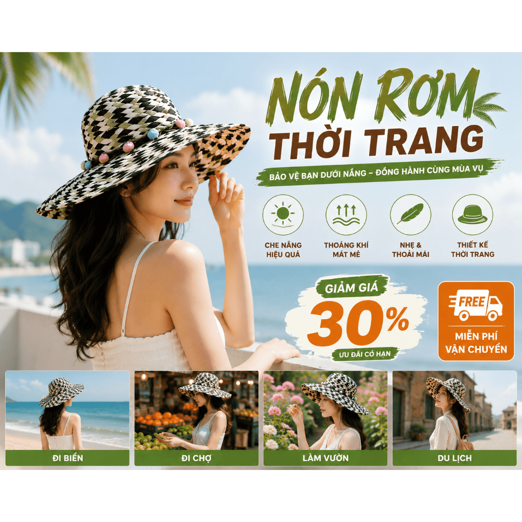 Nón Rơm Nữ Thời Trang Hoa Nhỏ | Chống Nắng UV | Vành Rộng Dễ Phối Đồ Mùa Hè