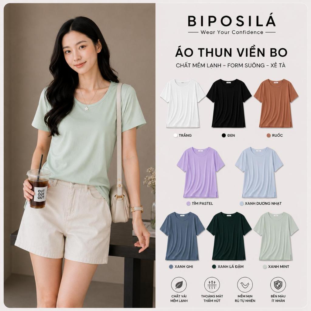 [A09- MẪU MỚI VẢI RŨ] ÁO THUN NỮ CỔ TIM VIỀN BO BASIC BI.POSILÁ TAY NGẮN, COTTON BORIP LẠNH CO GIÃN 240GSM MỀM MỊN