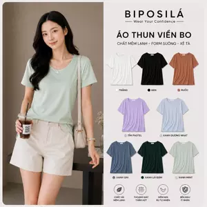 ÁO THUN NỮ CỔ TIM VIỀN BO BASIC BI.POSILÁ TAY NGẮN, COTTON BORIP LẠNH CO GIÃN 240GSM MỀM MỊN